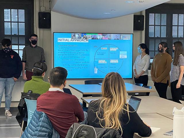 Students presenting their end-of-semester pitches to real clients over Zoom and to industry professionals from Amazon Ads and Global Overview